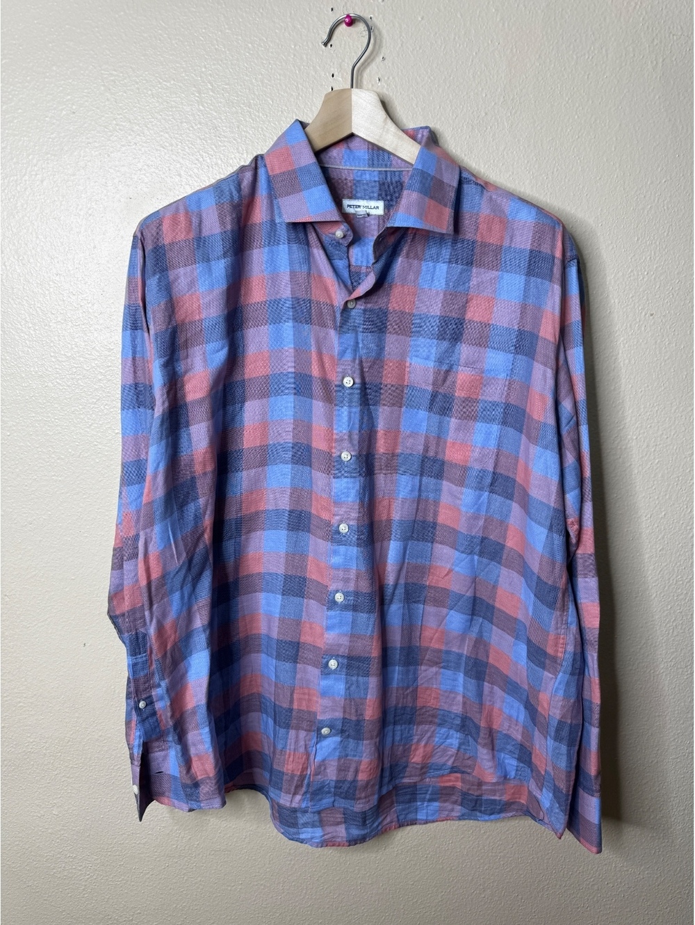 Peter Millar Men’s Blue Pink Plaid Long Sleeve Button Down Shirt XL